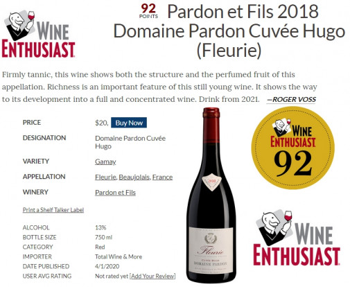 Fleurie 2018 Cuvée Hugo 92 points Wine Enthusiast !