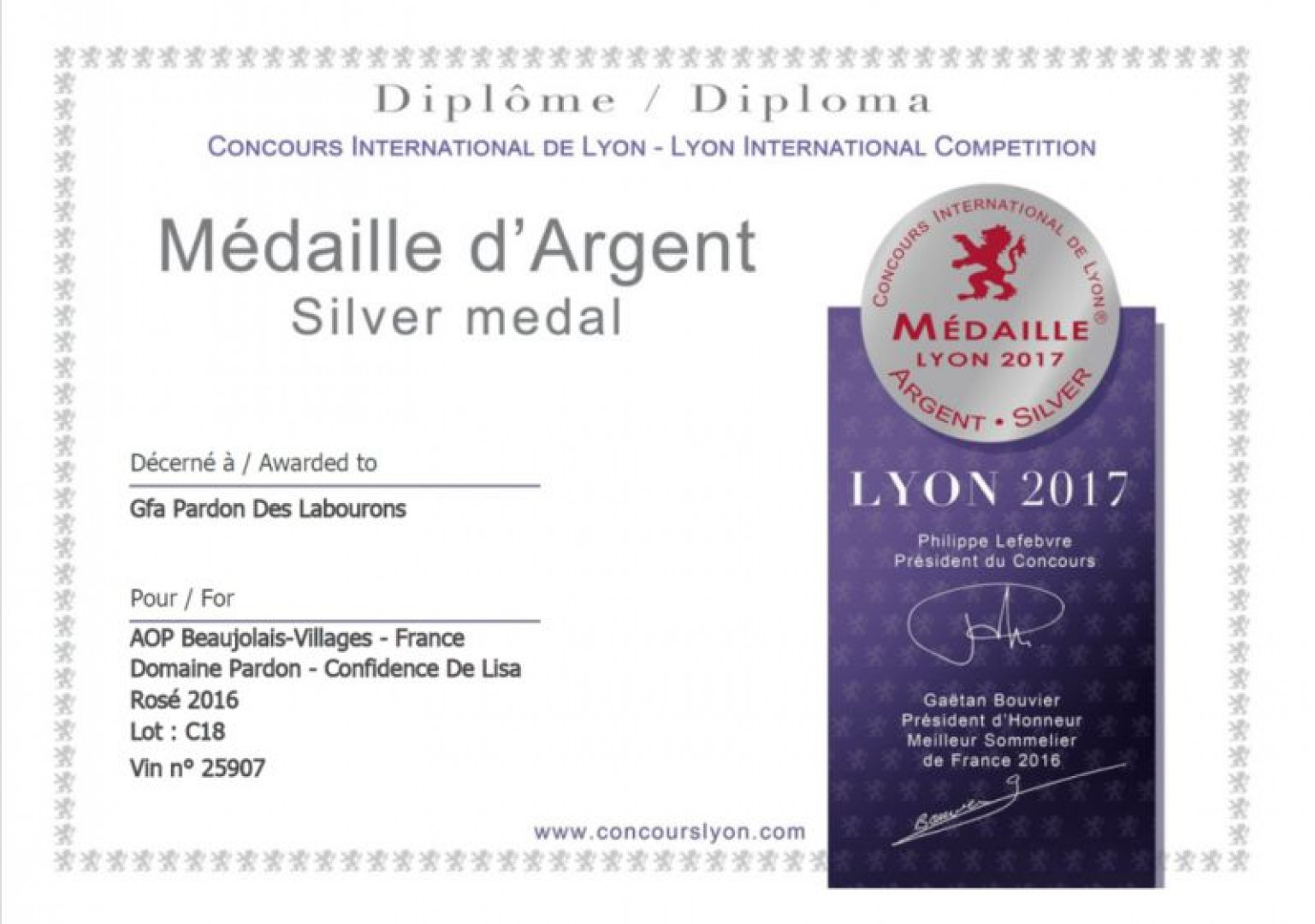 Médaille d'Argent au Concours de Lyon !