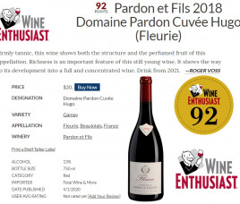Fleurie 2018 Cuvée Hugo 92 points Wine Enthusiast !