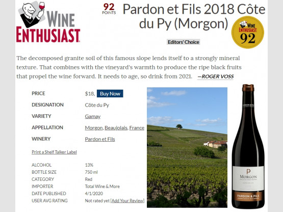 Morgon 2018 Côte du Py     92 points Wine Enthusiast