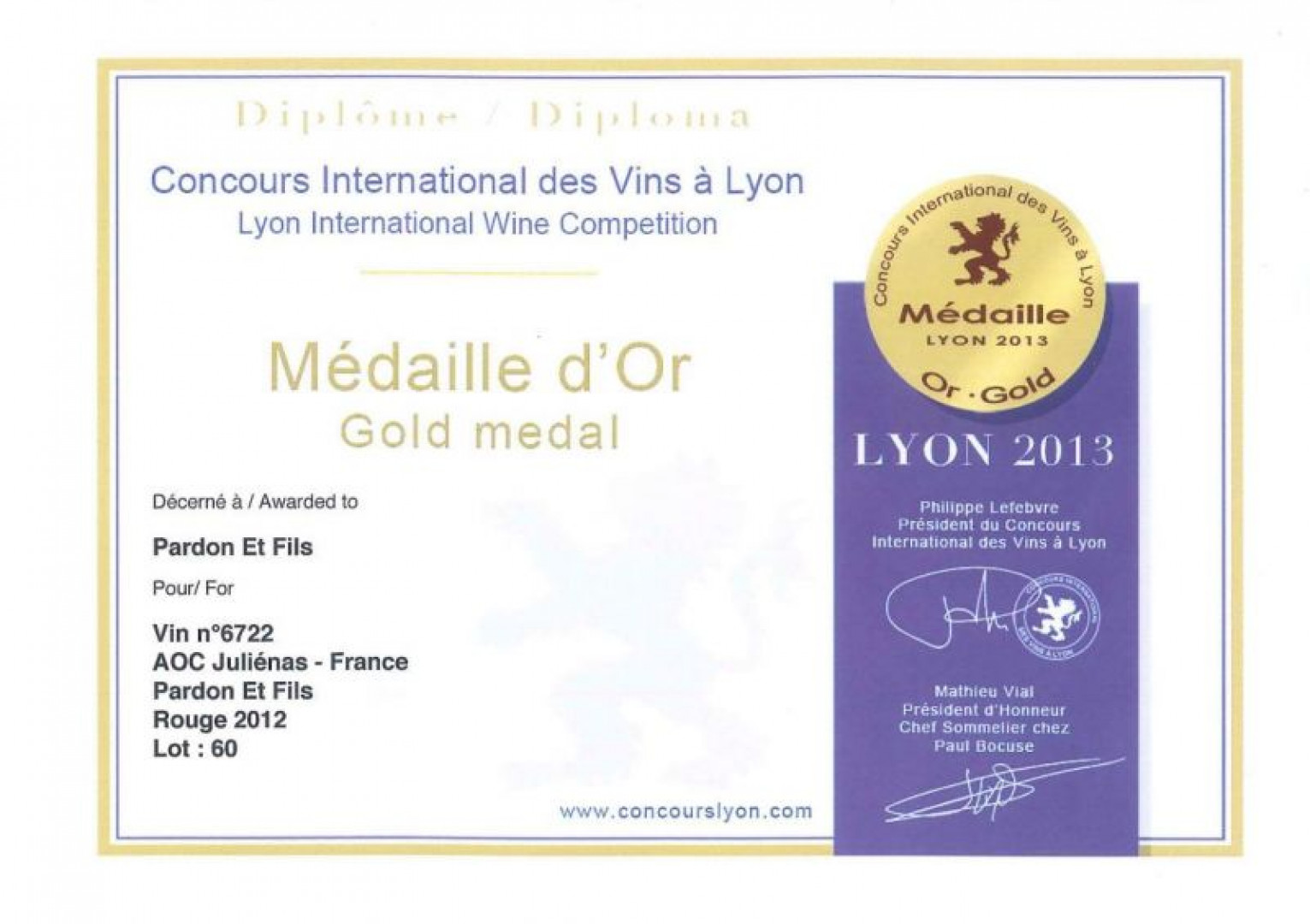 Pardon & Fils médaillé au Concours International des vins à Lyon !