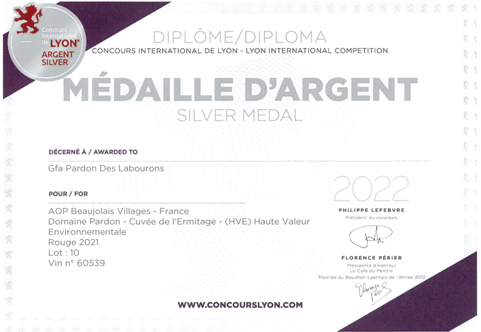 Concours International de Lyon 2022 - Médaille d'Argent