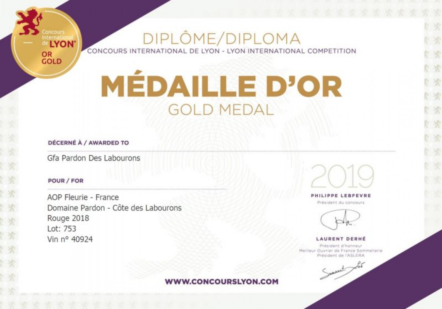Concours International de Lyon 2019 : Deux Médailles d'Or !